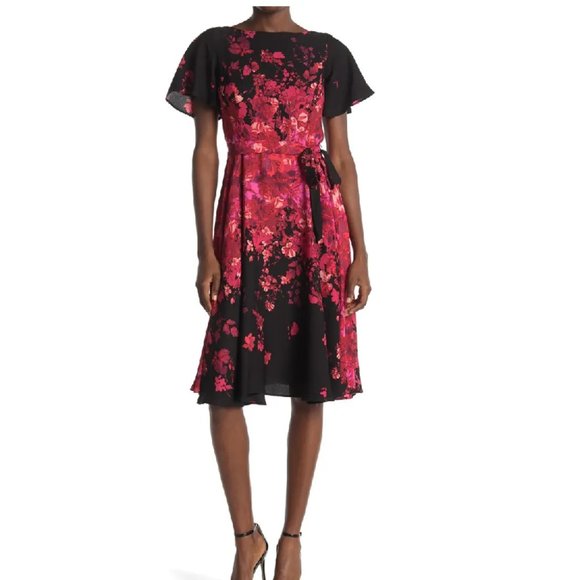 🎈Host Pick🎈 Gabby Skye Flutter Sleeve Floral Belted Crepe Dress - Picture 2 of 13